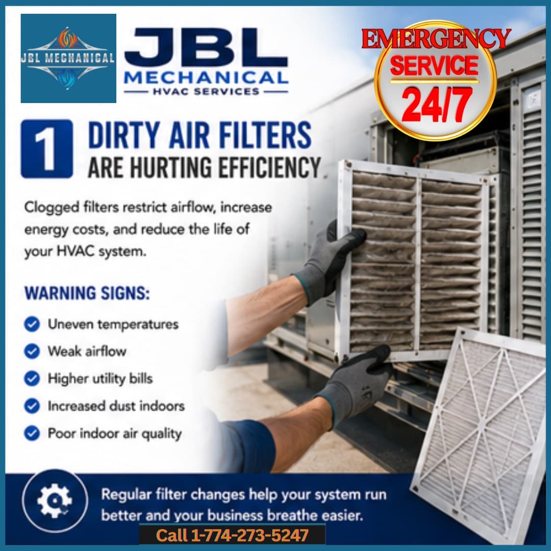 Clogged air filter restricting airflow in a commercial HVAC system